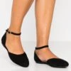 Leather - Ankle Strap Ballet Pumps - Black